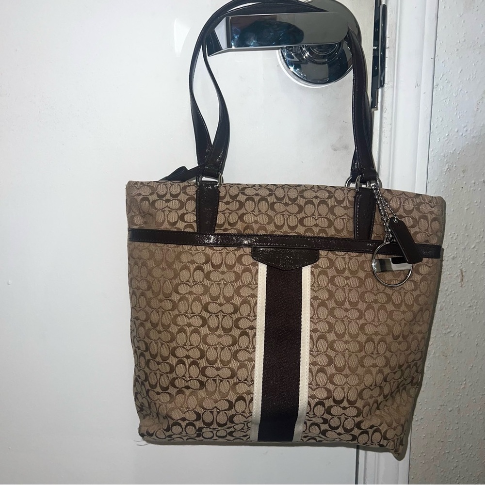 Coach F27008 Signature Brown Stripe Tote Shoulder Bag Y2K